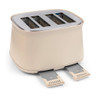 Four-slice cream toaster with crumb trays extended, shown at angle