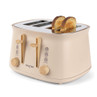 Four-slice beige toaster with wood-effect controls, two slices of seeded bread toasting