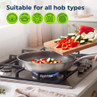Stainless steel frying pan on gas hob with vegetables, suitable for all hob types.