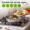 Silver frying pan on gas hob, fresh vegetables being added, suitable for all hob types
