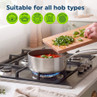 Stainless steel saucepan on gas hob with fresh herbs being added, suitable for all hob types