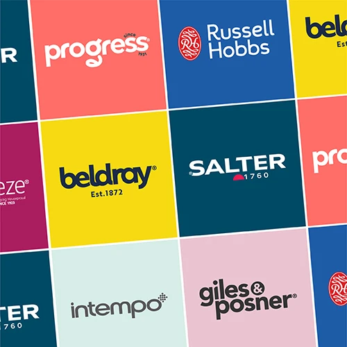 brand logos for salter, beldray, progress, russell hobbs, intempo, kleeneze and giles and posner