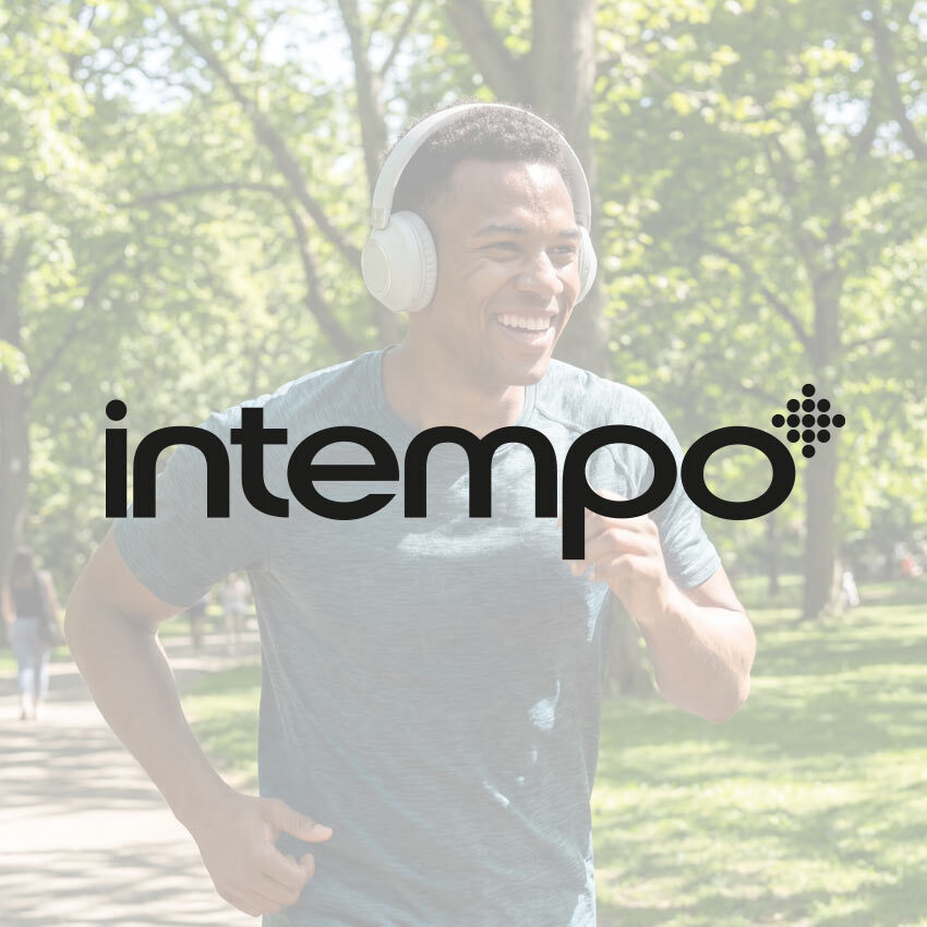 Intempo logo and man running with intempo headphones