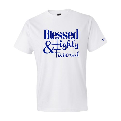 Blessed & Highly Favored T-Shirt (White/Blue) - GFA Modern Christian Apparel