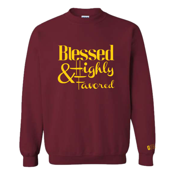 Blessed & Highly Favored Sweatshirt (Burgundy/Gold) - GFA Modern Christian Apparel