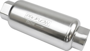 Proflow Fuel Filter, Inline Mount, 40 Microns, Billet Aluminium, Silver Anodised, 140mm length -10 AN Inlet/Outlet