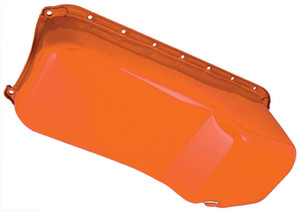 RTS Oil Pan Sump, Steel, OEM Style Chev Orange, SB Chev, 2-Piece Rear Main, Passanger Side Dipstick, Each
