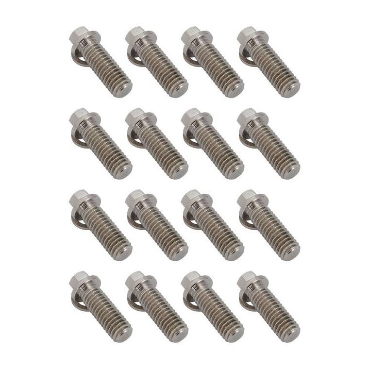 Proflow Header Bolts, 5/16'' Hex Head, Tight Access, 3/8''-16 x 1.00'', Stainless, SS304, 0.527'' OD Washers, Set of 16