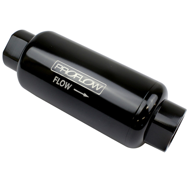 Proflow Fuel Filter, Inline Mount, Billet Aluminium, Black Anodised, 10 Microns, 88mmTotal Length -8 AN Inlet/Outlet, Each