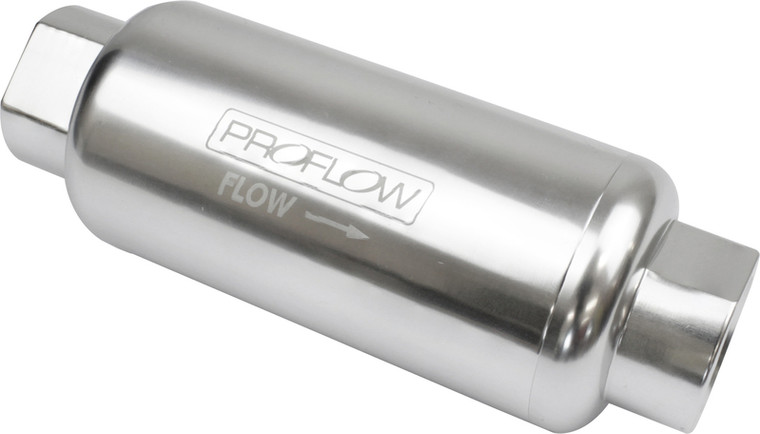Proflow Fuel Filter, Inline Mount, Billet Aluminium, Silver Anodised, 40 Microns, 88mm Total Length -8 AN Inlet/Outlet, Each