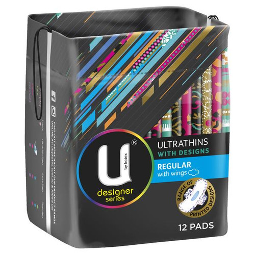 U by Kotex Regular Designer Series Ultrathins With Wings, 12 Pads