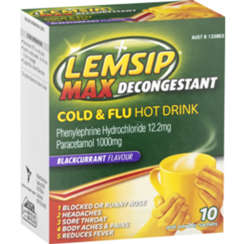 lemsip max decongestantlemsip max decongestant cold & flu blackcurrant hot drink10pack