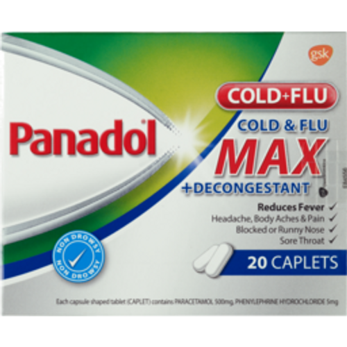 panadol cold & flu maxpanadol cold & flu max cold remedy + decongestant caplets20pack