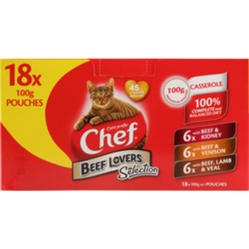 Chef Cat Food Pouch Beef Lovers 18 Pack