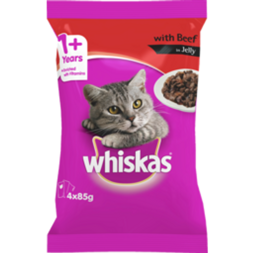 whiskaswhiskas wet cat food with beef favourites in jelly4pack