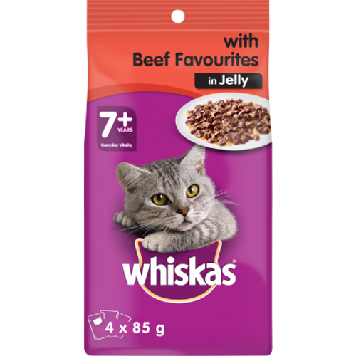 Whiskas Senior Beef Favourites In Jelly Senior Wet Cat Food Pouches 4 x 85g