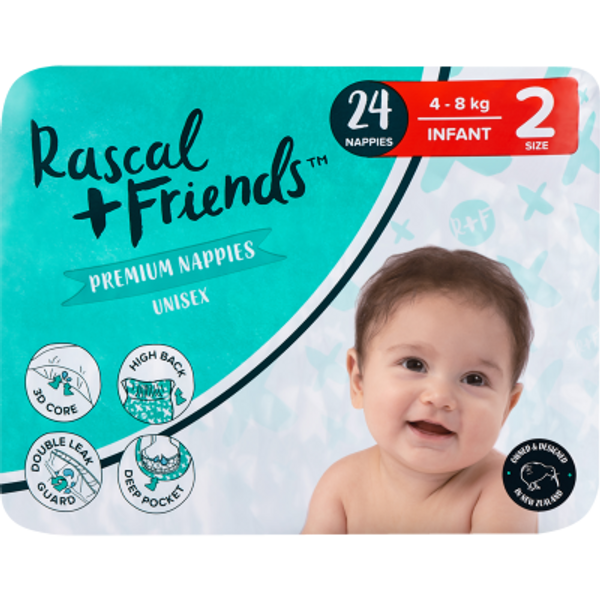Rascal and Friends Premium Nappies Unisex 4-8kg Infant 24pk
