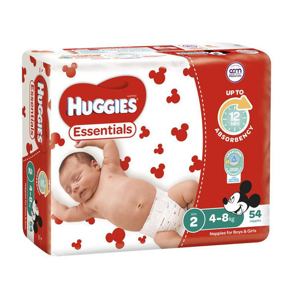 Huggies Essentials Size 2 4-8Kg 54 Nappies