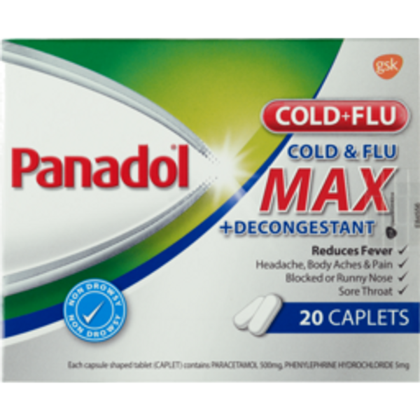 panadol cold & flu maxpanadol cold & flu max cold remedy + decongestant caplets20pack