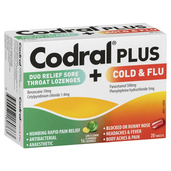 codral plus sore throat 16 lozenges & cold and flu + decongestant 20 tablets