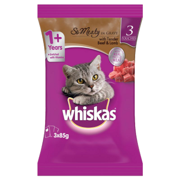 Whiskas So Meaty With Tender Beef & Lamb In Sauce Wet Cat Food Pouches 3pk