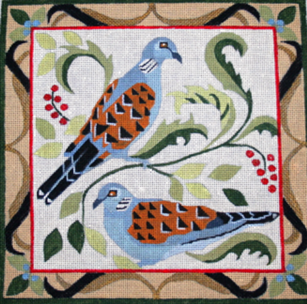 Vintage HANDPAINTED Doves in Cherry Blossoms 18 CT Needlepoint Canvas