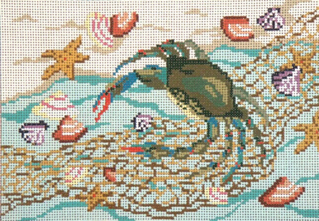 Blue Crab & Seashells handpainted 18 mesh Needlepoint Canvas by Needle  Crossings