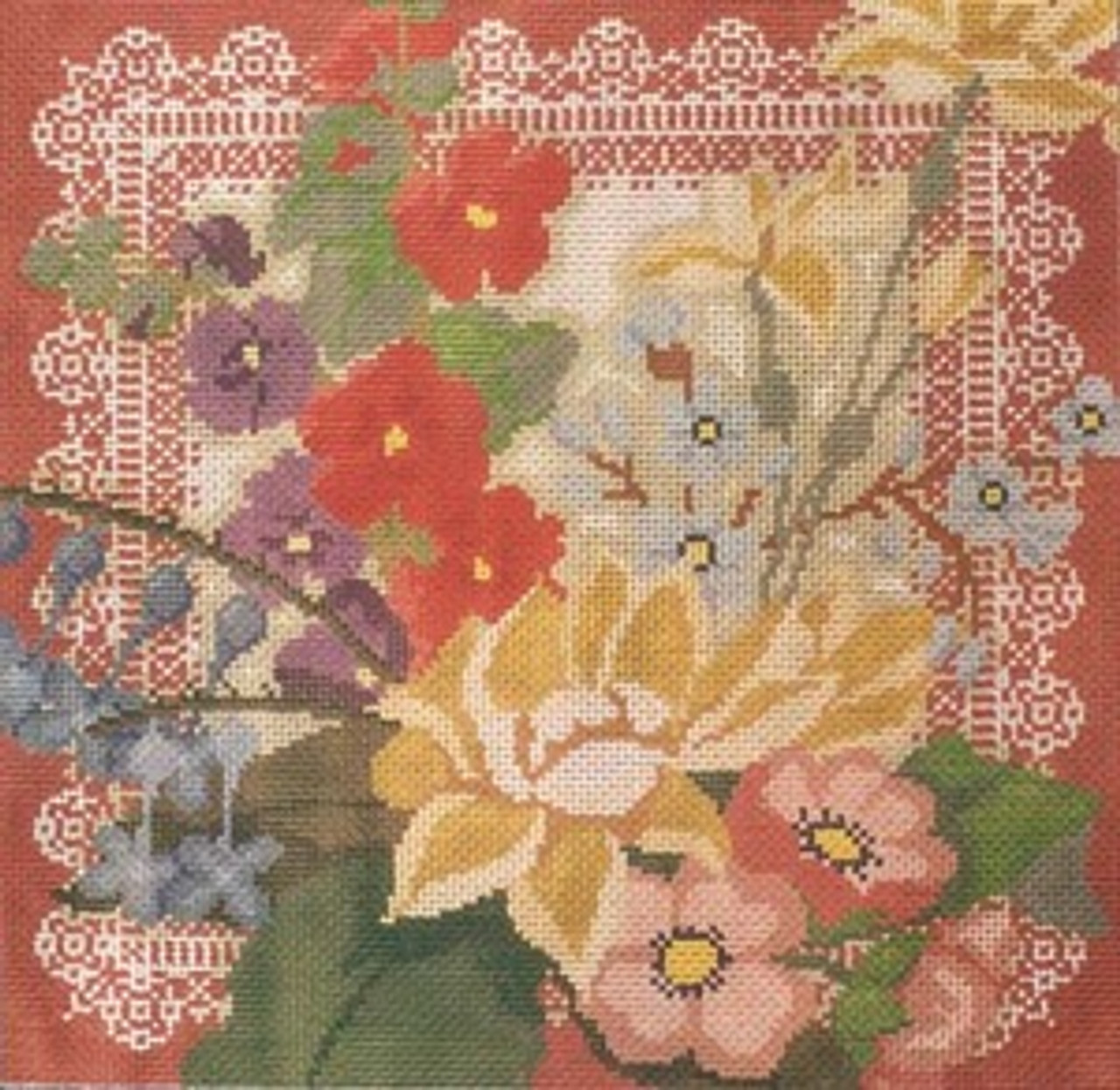 WJ-1501 Rust/Flowers/Lace 10 Mesh 15x15 John Ward Treglown Designs - The  NeedleArt Closet