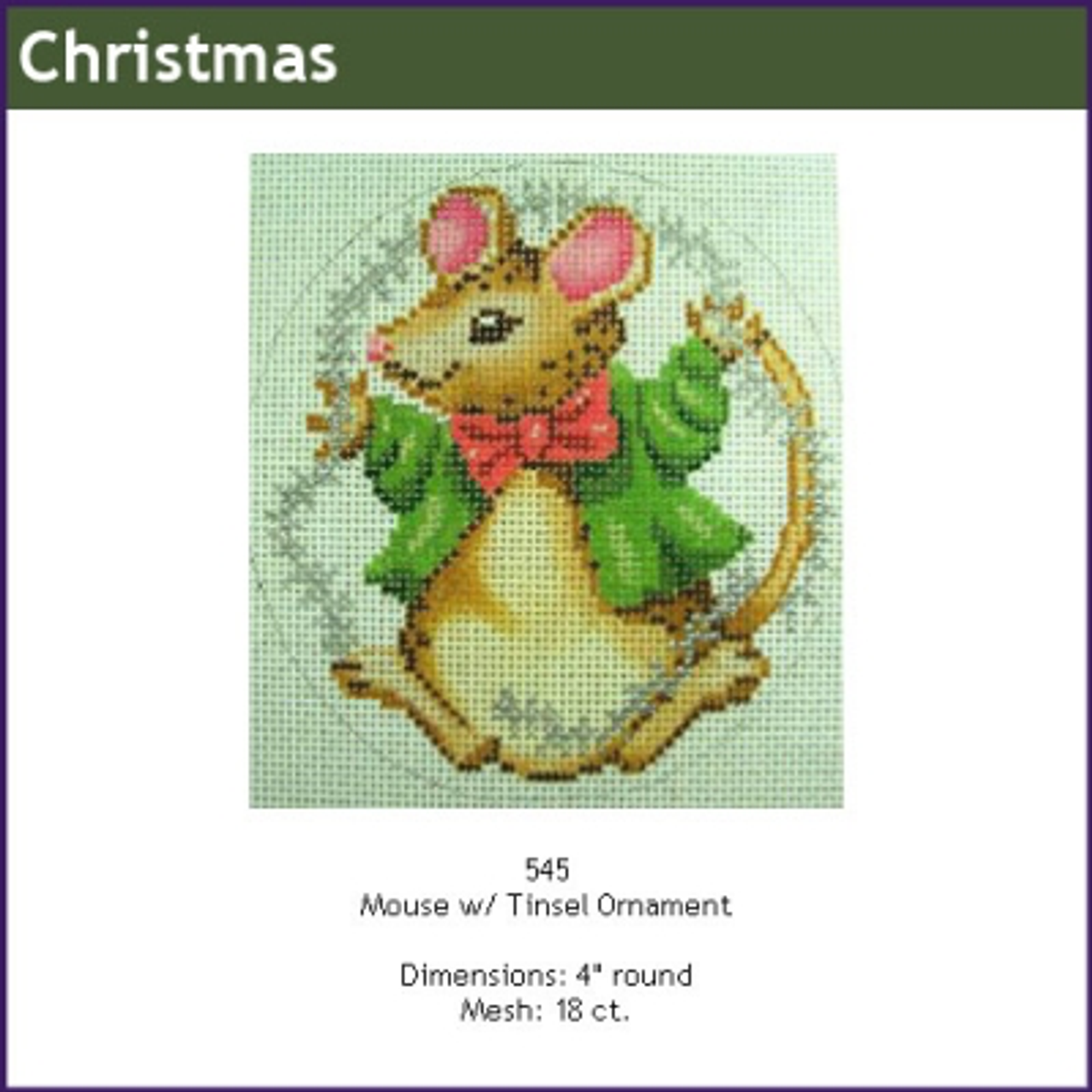 CHRISTMAS GE545 Mouse w/tinsel 4 x 4 Mesh: 18 Gayla Elliott - The