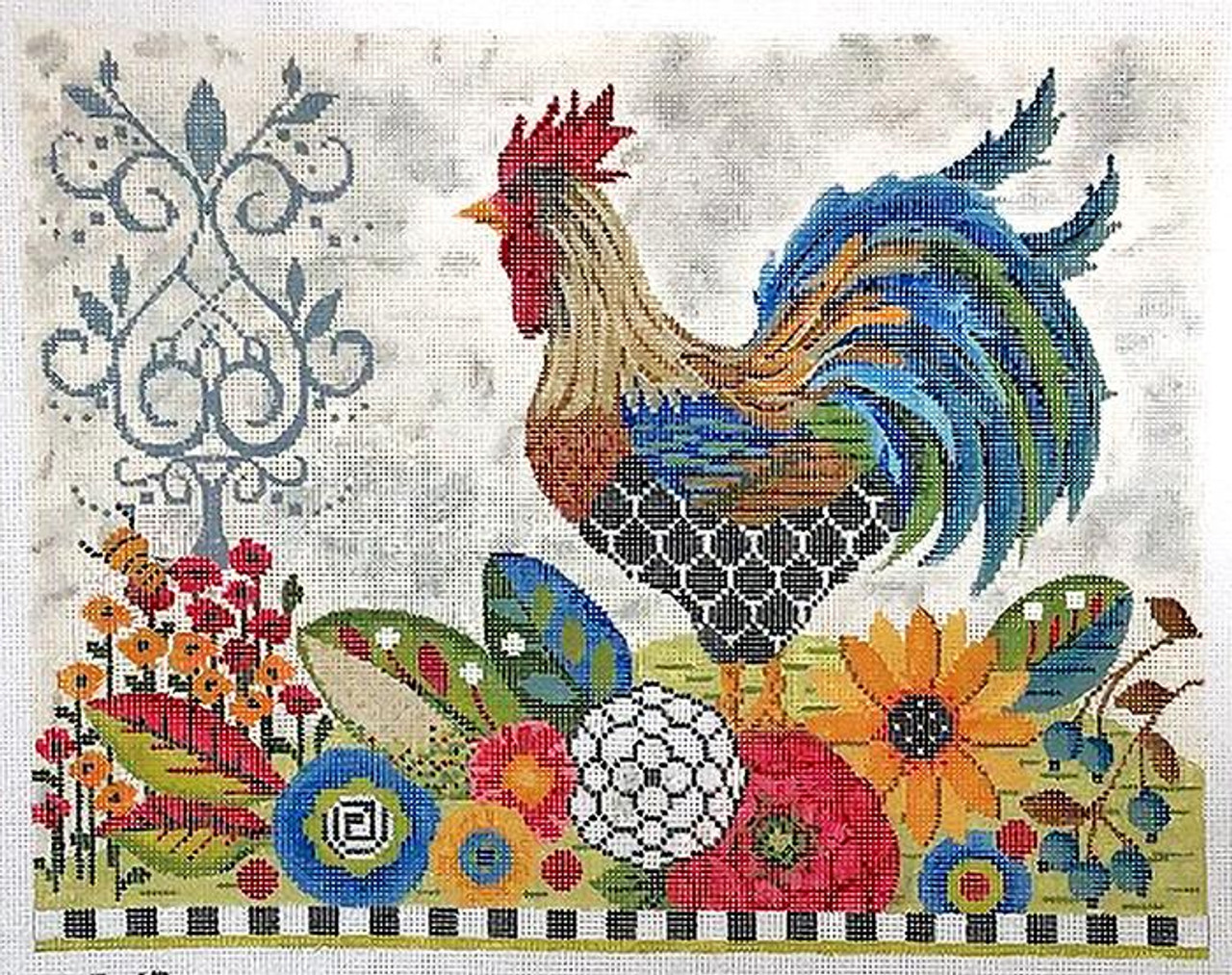 KCA45-18 Provence Rooster 18 Mesh Canvas - 11w x 8.5h With Stitch Guide  And Embellishment Kit Kelly Clark Needlepoint - The NeedleArt Closet