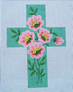 Ann Wheat Pace 101g Large Cross 18 Mesh 6.75"x 9" Pink Roses On Mint 
