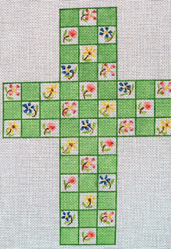 Ann Wheat Pace 101x  Large Cross 18 Mesh 6.75"x 9" Flowers on Green Squares