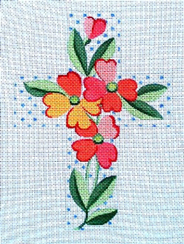 Ann Wheat Pace 105U Large Cross 18 Mesh 6.75"x 9"` Pink Flowers With Blue Dots Flora onCoral Slripes 