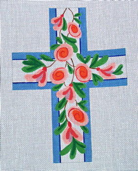 Ann Wheat Pace 102F Small Cross 18 Mesh 2.5" x 3.5" Pink Floral With Blue