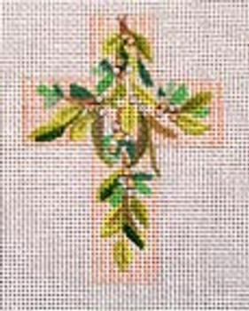 Ann Wheat Pace 102AG Small Cross 18 Mesh 2.5" x 3.5" Leaves On Pink Stripes 