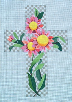 Ann Wheat Pace 101AA Large Cross 18 Mesh 6.75"x 9"  Pink Daisy On taupe Check With Stitch Guide
