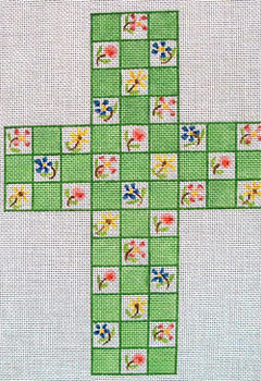 Ann Wheat Pace 101x  Large Cross 18 Mesh 6.75"x 9" Flowers on Green Squares With Stitch Guide