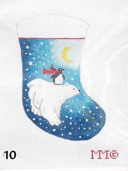 Stocking 10 Penguin Riding Polar Bear/ Night Sky & Crescent Moon 4" x 6" 18 Mesh MM Designs