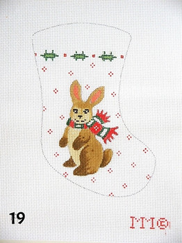 Stocking 19 Brown Bunny w/Striped Scarf/ Holly Leaves 4" x 6" 18 Mesh MM Designs