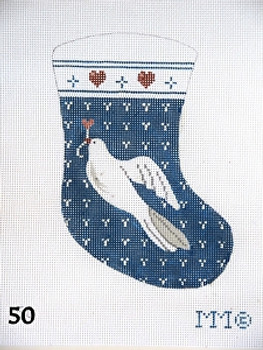 Stocking 50 White Dove Holding Heart/ Blue Bkgd w/White Pattern Dots 4" x 6" 18 Mesh MM Designs