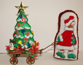 MMW9 Cheryl Schaeffer And Annie Lee Designs Girl in Red Coat w/christmas tree  18 Mesh Wagon included
