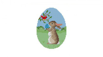 0448 Rabbit w/ Cardinal, oval egg 18 Mesh 3" x 4" Susan Roberts Needlepoint 