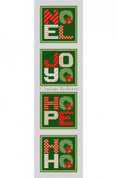 0503 Noel, Joy, Hope, Ho-Ho, strip of 4 coasters #13 Mesh 4 designs each 4" x 4"  Susan Roberts Needlepoint 