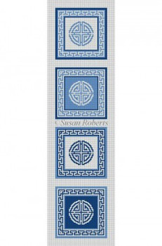 0508 Oriental symbol, strip of 4 coasters  #13 Mesh 4 designs each 4" x 4" Susan Roberts Needlepoint 