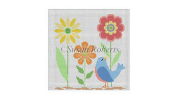 0756 Flower Trio w/ Bird 18 Mesh 6" x 6" Susan Roberts Needlepoint 