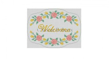 0854 Roses, " Welcome", sign  #13 Mesh 7 3/4" x 5 3/4" Susan Roberts Needlepoint 