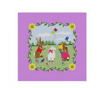 1341 Bunnies Flying Kites, child's seat  #13Mesh 15" x 15" Canvas Cut 20" x 20" Susan Roberts Needlepoint 