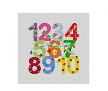 1308 Numbers w/Characters, child's seat 13 Mesh 20" x 20" Susan Roberts Needlepoint 