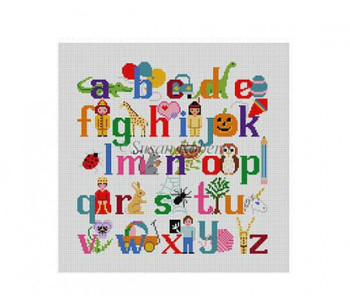 1307 Alphabet w/Characters, child's seat 13 Mesh 20” x 20”Susan Roberts Needlepoint 