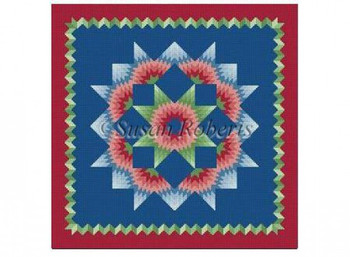 1614 Carnation Star, quilt, dark 13 Mesh 14" x 14" Susan Roberts Needlepoint